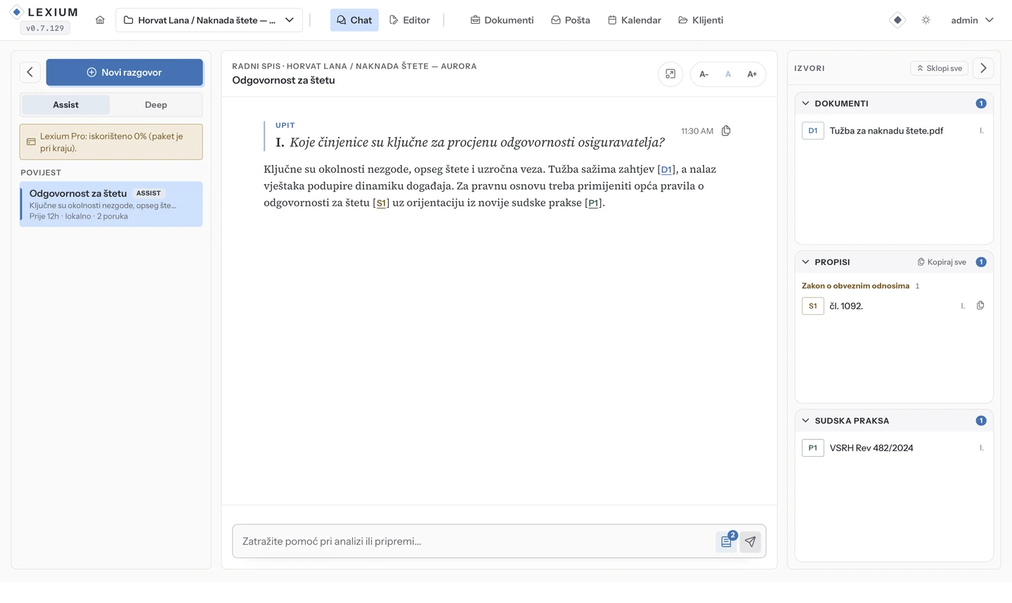 Chat asistent: odgovor u kontekstu predmeta s dokumentima, propisima i sudskom praksom