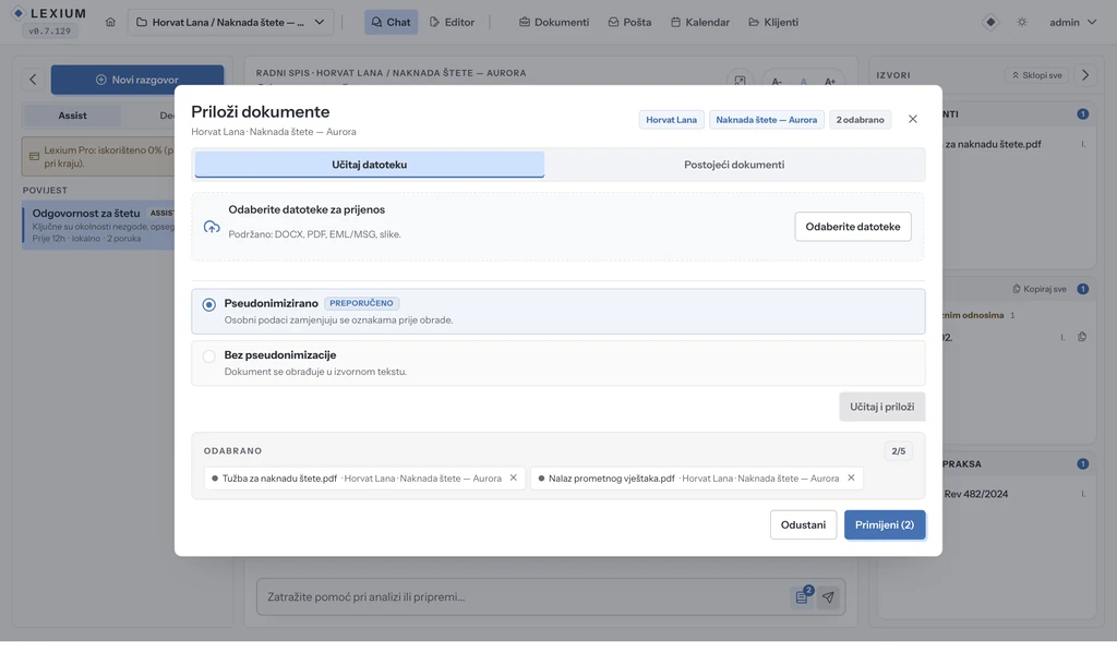Chat asistent: prilaganje dokumenata prije pitanja